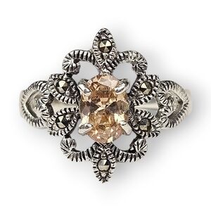 Marsala Smoky Quartz Sterling Ring Marcasite Heart Flower 925 Silver Size 6.75